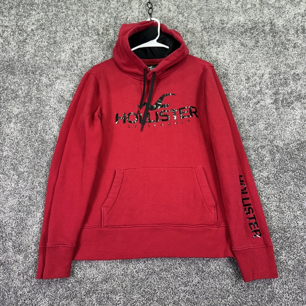 Hollister Hoodie Mens Small Red Fleece Pullover Big Logo Sleeve Graphic Casual